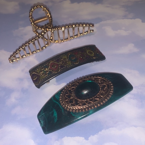 Hand Crafted Accessories - 3 piece eclectic hair accessories~ statement jewelry, fabric, gold textu…